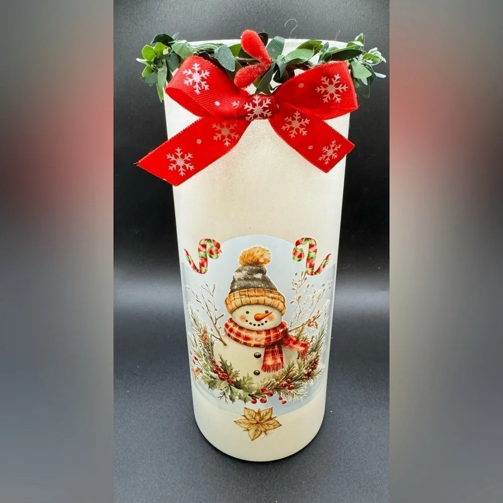 New OOAK White Snowman Pillar Cylinder Votive Christmas Candle